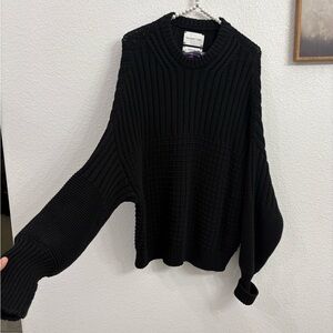 The Knotty Ones One Size Black Oversized Rib & Waffle Crewneck Sweater